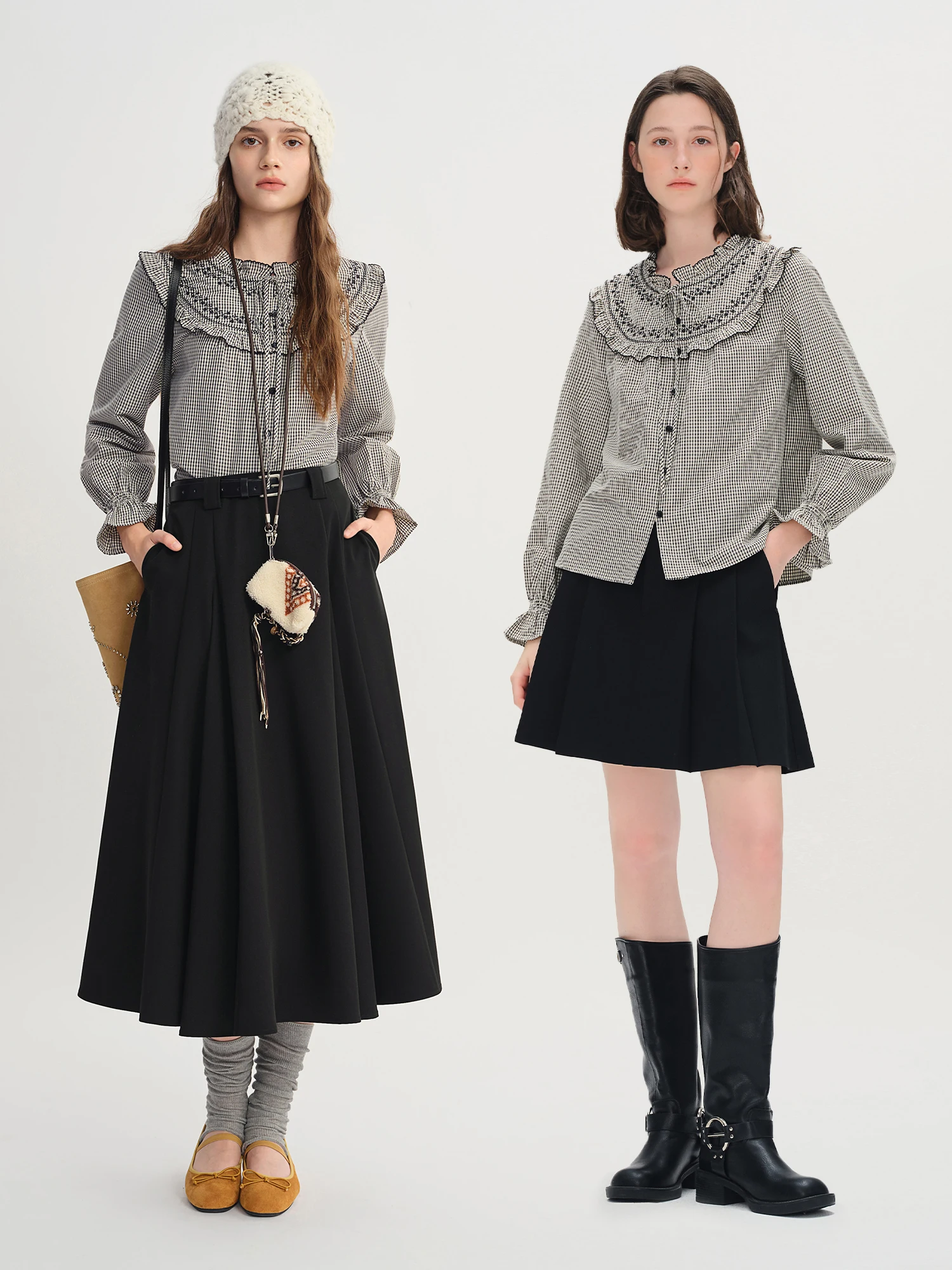 DUSHU Camicia a quadri con volant Donna che riduce l'età Abbigliamento da donna di inizio autunno 2025 Nuovo stile francese Dolce Top