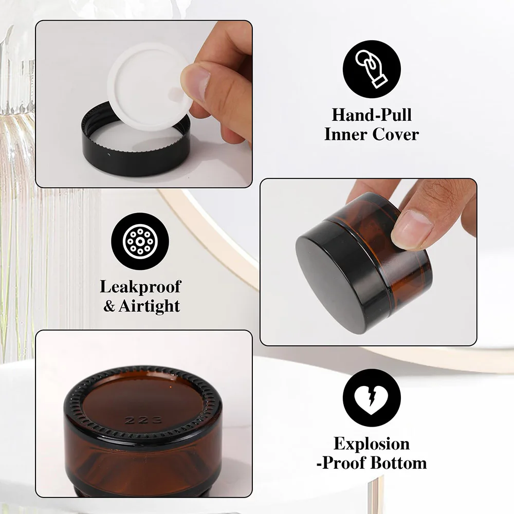 10Pcs Amber Glass Jars with Lids, 20/30/50ml Small Glass Jars with Inner Liners, Reusable Empty Bottles Round Cosmetic Container