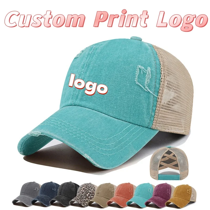 Gorras de béisbol de malla transpirable personalizadas con logo impreso para primavera y verano, para hombre y mujer, con perforaciones para coleta y visera tipo pico de pato.