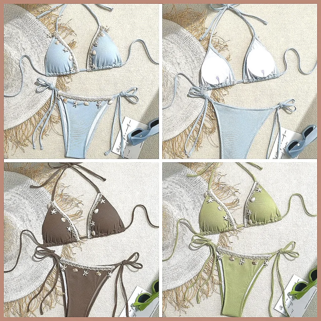 

2025 New Women's Sexy Halter Triangle Bikini Top, Shell & Starfish Print Beachwear Set