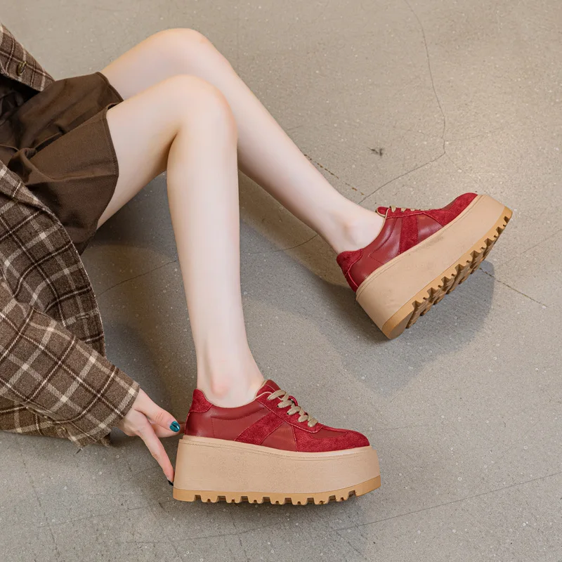 High quality 8CM Genuine Leather Breathable Fashion Chunky Sneaker Flats Booties Boots Spring Autumn Women Vulcanize Shoes view 5