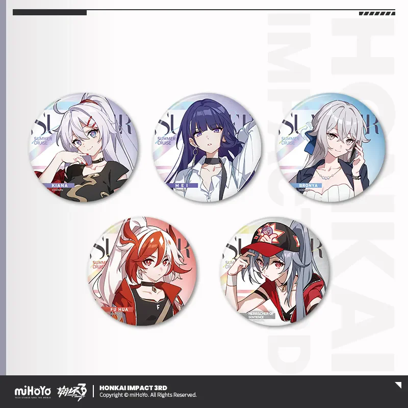 [Genuine] miHoYo Game Honkai Impact 3 Leisure Summer Series Tinplate Badge Kiana Elysia Raiden Mei Seele Anime Brooch Xmas Gifts
