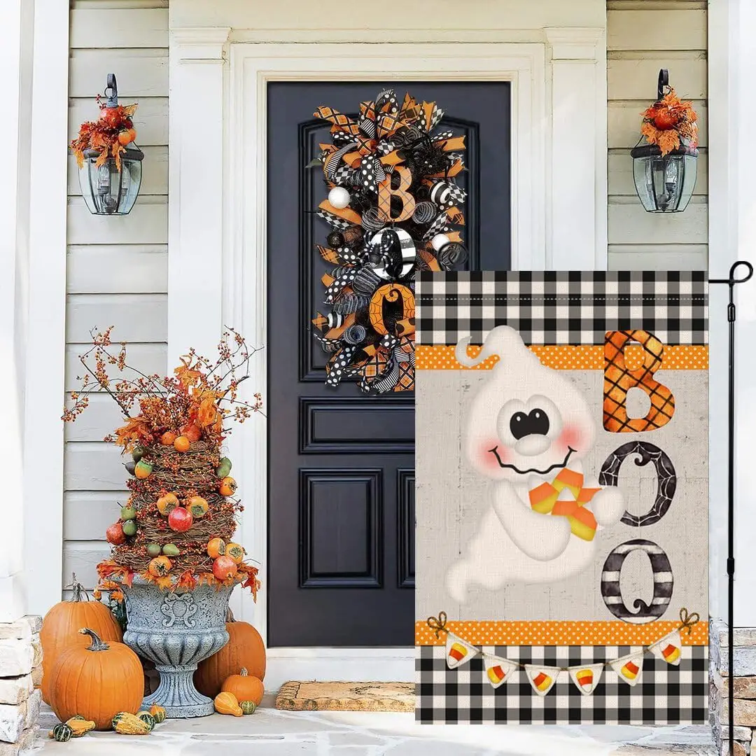 Halloween Boo Garden Flag 12x18 Double Sided for Outside, Fall Autumn Small Burlap Yard Flag for Outdoor Holiday Home Deco