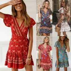 Summer Women's Boho Floral V-Neck Short Sleeve Mini Dress Party Clubwear Beachwear Sundress Fashion Casual Dresses Sundress