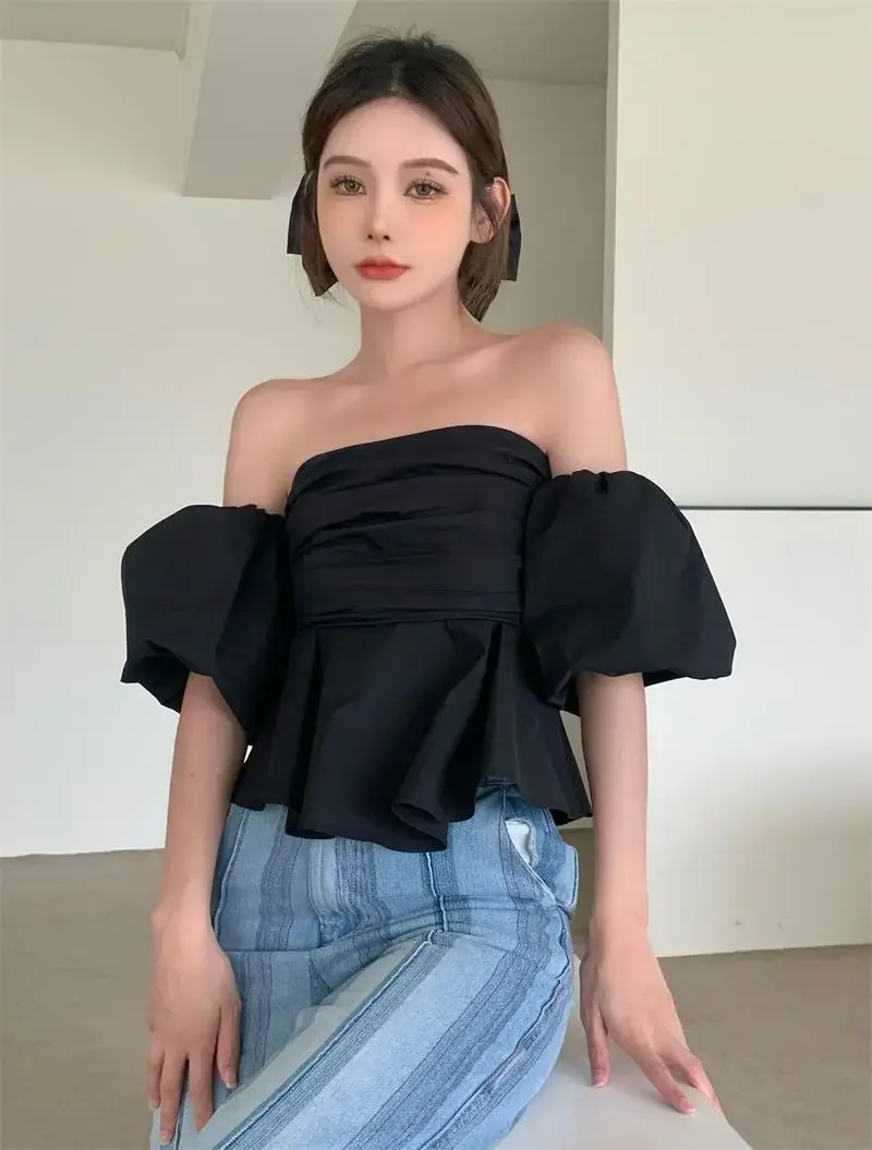 Sexy Puff Short Sleeve Crop Tops Slash Neck Strapless Blouse Blusas De Mujer Pleated Ruffled Shirts Off Shoulder Blouses Slim