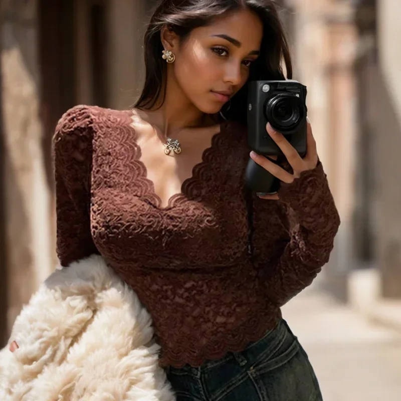 Chemisier en Dentelle à Manches sulfet Col en V pour Femme, Élégant, Slim Fit, Mode Crochet, Creux, Simple, Décontracté, Sexy, Chemise Courte, 2023, 29993