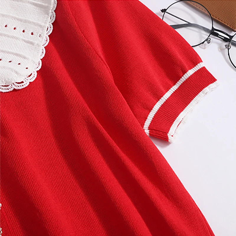 Women Spring Summer Patchwork Peter Pan Collar Short Top Thin Button Short Sleeve Knit Top Elastic Casual Lace up Office Shirt