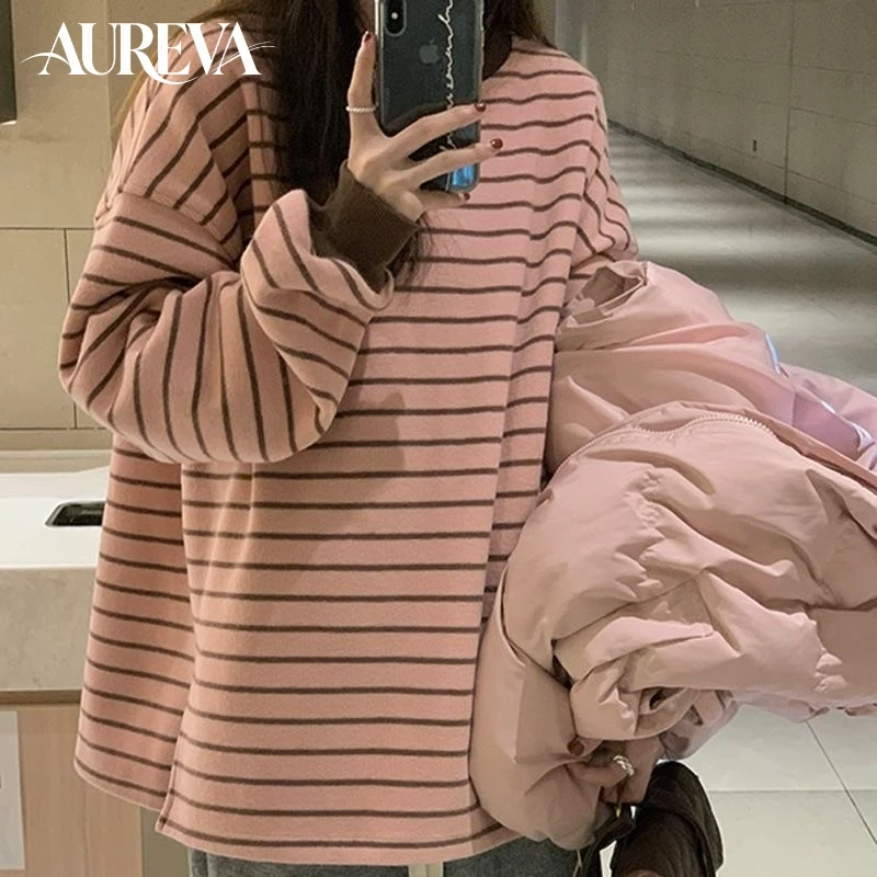 2026 Autumn Women Korean Casual Pullover Sweatshirt Crew Neck Long Sleeve Color Block Striped Oversize Loose Ladies Tops