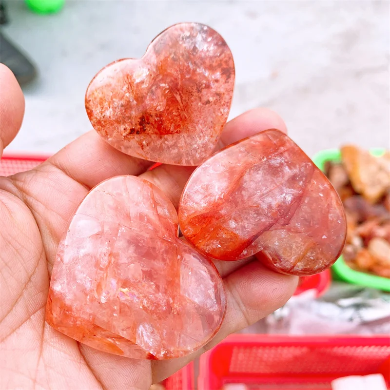 Natural Red Fire Quartz Crystal Healing Gemstone Crafts for Girl, Hematoid, Peach Heart, Birthday Decorations, 4.5cm x 5cm