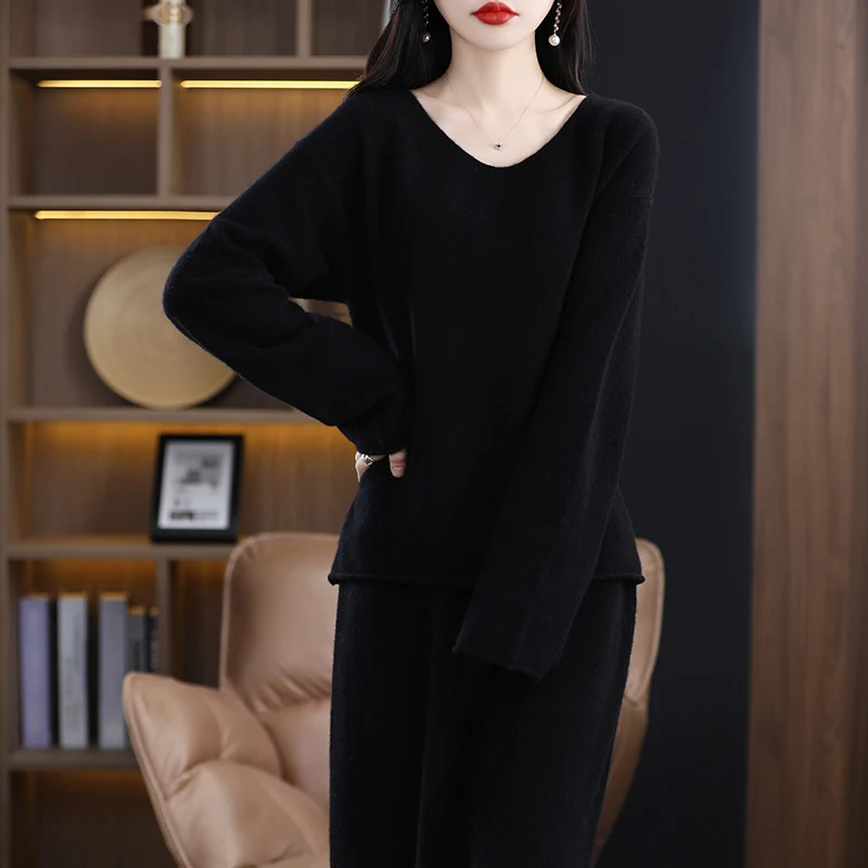 Fashion Suit 2023 Spring Autumn 100% Wool Knitted High Quality Sweater Women Tops And Harem Skirt Two-Piece Female Women Clothes