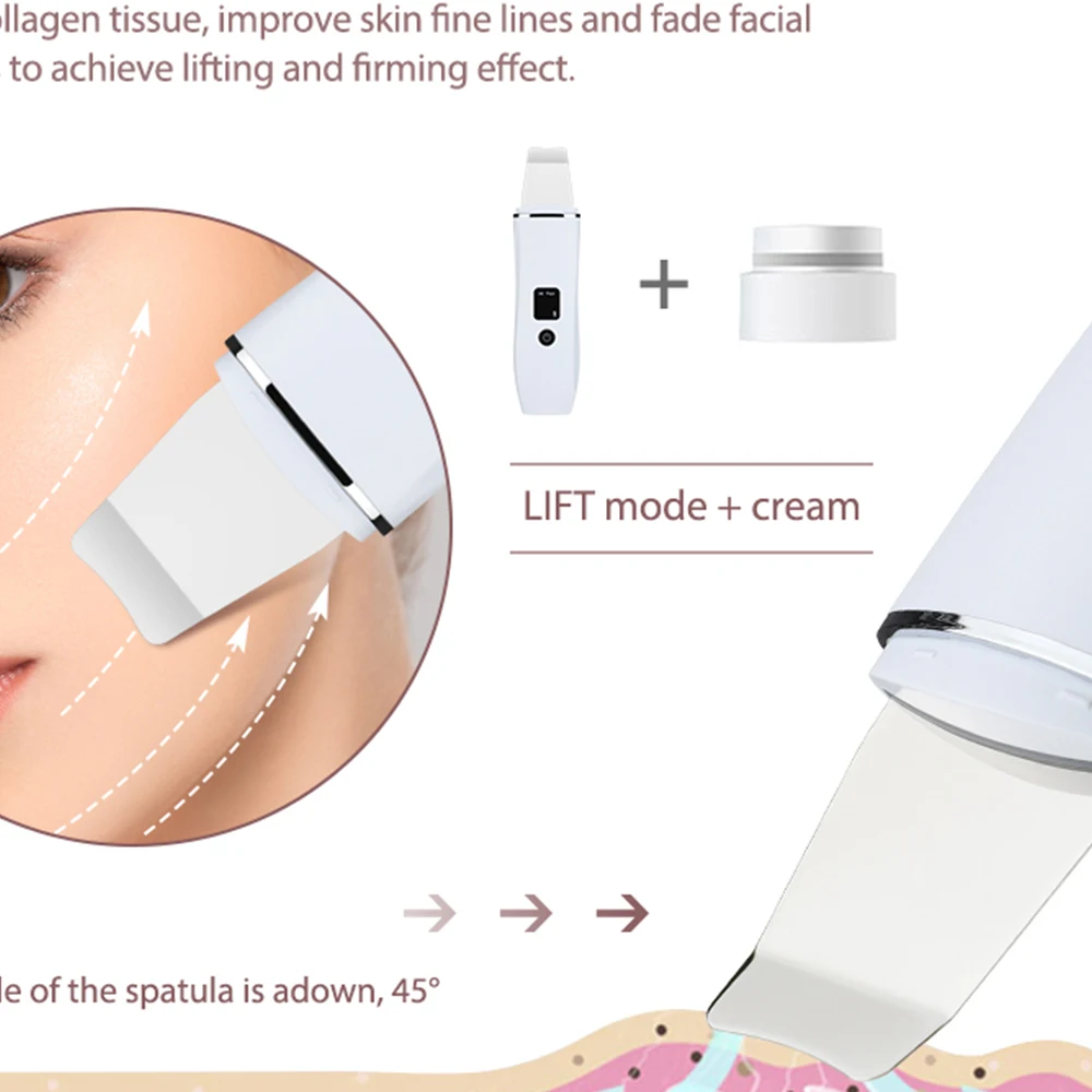 초음파 피부 스크러버 EMS 진동 페이스 스패츌러 블랙헤드 제거기 셔블 클린 캐비테이션 필링 페이셜 리프팅 스킨 케어
