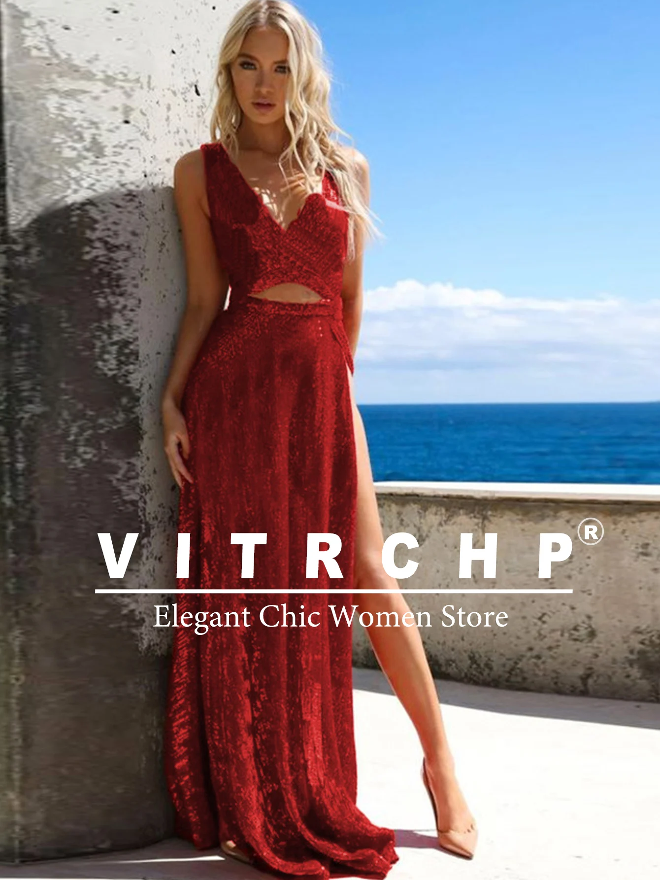 VITRCHP Elegant Sequin Evening Dress 2025 Women Wine Red Long Mermaid Formal Deep V-neck Prom Wedding Party Gowns Dressess