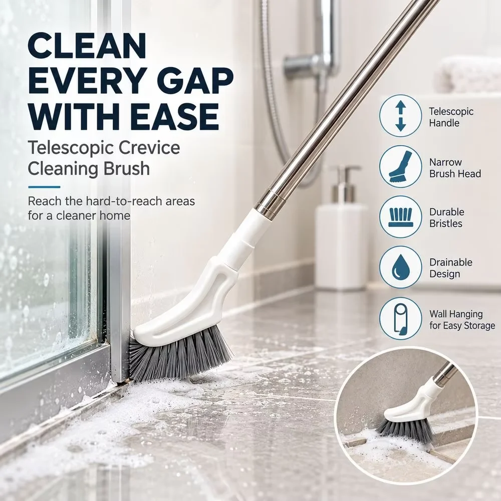 1-Piece Long-Handle Telescopic Hard Bristle Grout Brush Anti-slip Long Handle Hanging Scrubber Tile Floor Kitchen Bathroom Gap