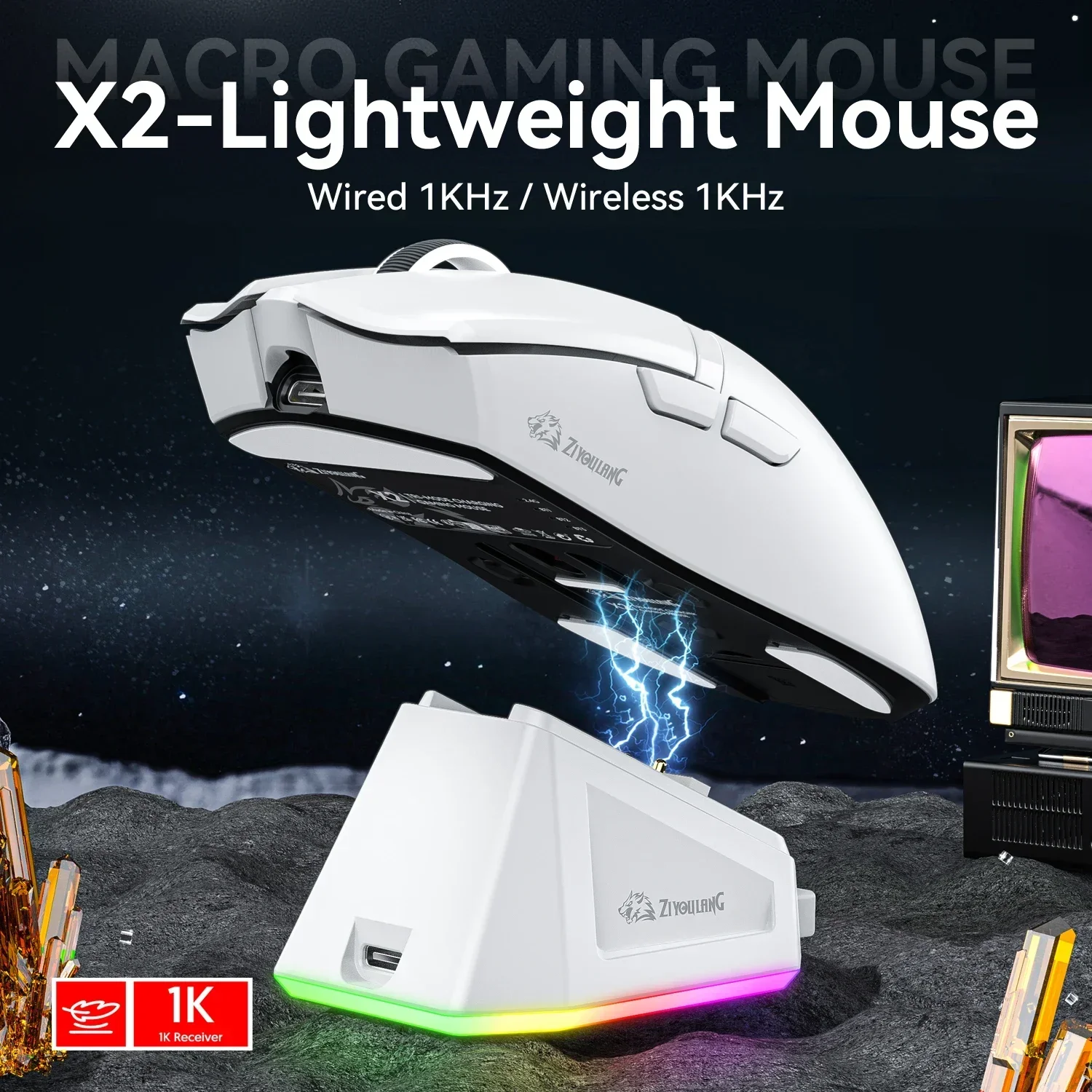 Ziyoulang X2 PAW3311 24000DPI 3-mode Wireless 2.4G Bluetooth Ultra-light Magnetic Charging Dock Macro Definition Gaming Mouse