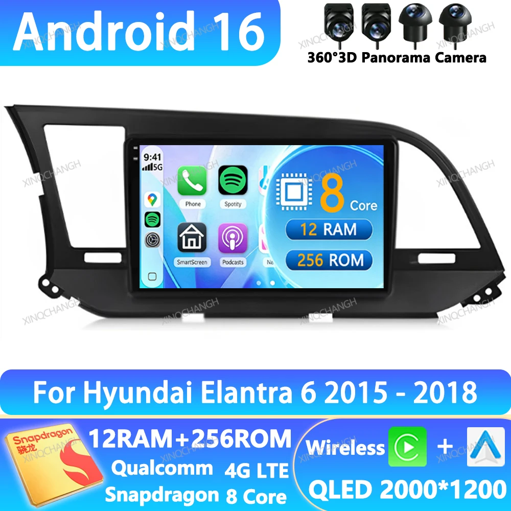 Android 16 Car Radio For Hyundai Elantra 6 2015 2017 2018 BT Head Unit 4G WIFI GPS Multimedia Video Player 2DIN QLED Navigation