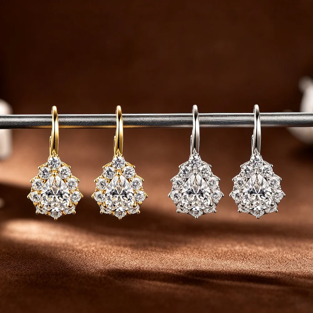 Rrjzz Pear Cut 6x8mm D-Color Moissanite Engagement Snowflake Earrings for Women Sparkling French Leverback Earrings Jewelry Gift