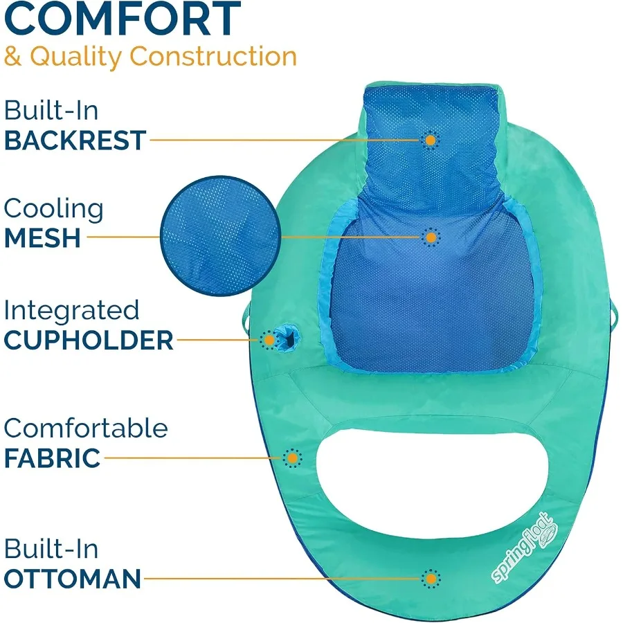 SwimWays Sedia reclinabile galleggiante a molla per piscina Galleggianti gonfiabili per piscina per adulti con portabicchieri a gonfiaggio rapido e poggiapiedi