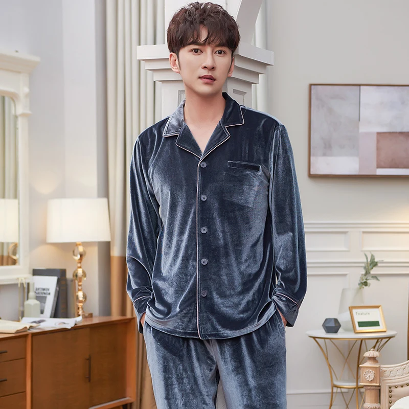 

Men's Pajamas Autumn Winter Long Sleeve Sleepwear Island Fleece Cardigan Pyjamas Men Lounge Pajama Sets Big Yards M-XXXL Pijamas