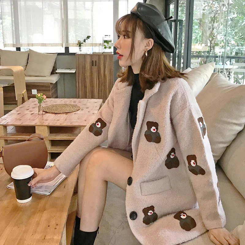 

2022 New Women Winter Woolen Coat Large Size Long Sleeve Hooded Coat Harajuku Heart-Shaped Print Plush Jacket Thick Warm Coat