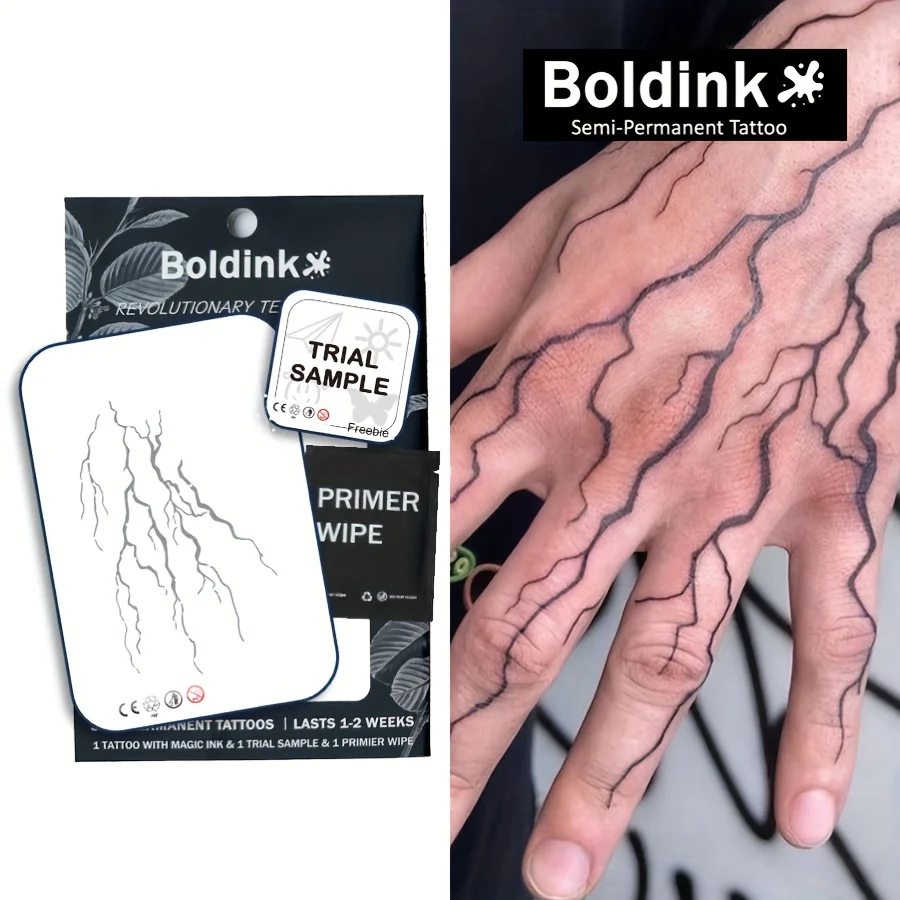 Boldink Revolutionary Semi-Permanent Tattoos - Waterproof, Realistic Lightning Designs with Natural Plant Formula, Long-Lasting