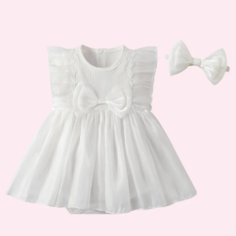 

2Piece Sets 2025 Summer Jumpsuits Baby Girl Clothes Korean Cute Bow Sleeveless Mesh White Princess Bodysuits Newborn Items B028