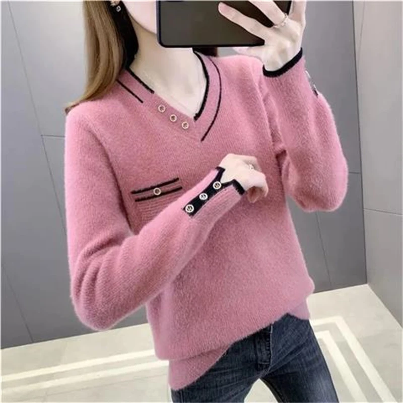 2023 Autumn Winter Women\'s Korean Fashion Plush Thick Chic Knitted Sweater Casual V Neck Long Sleeve Loose Pullover Tops Jumpers