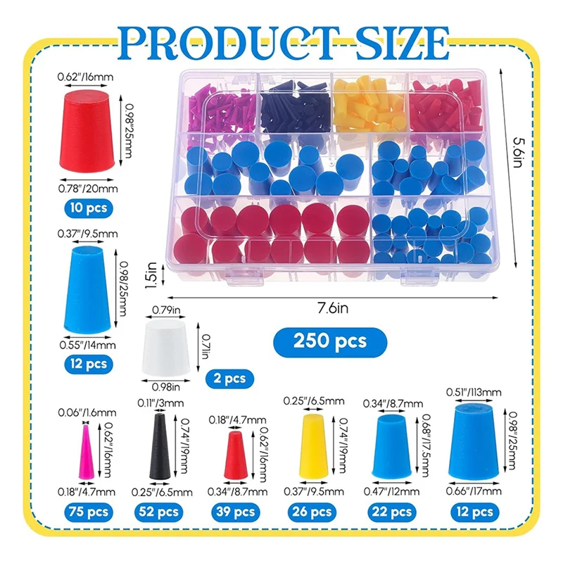 

A84X-Rubber Plugs 250 Pcs Silicone Tapered Plug Kit 1/15" To 1" High Temp Stoppers For Hole For Coating, Painting Protection