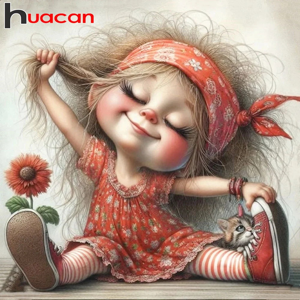 Huacan 5D-Diamantgemälde zum Selbermachen, Mosaik, Cartoon-Baby, Strasssteine, Kunst, Katze, Blume, Heimdekoration, handgefertigtes Geschenk für Kinder