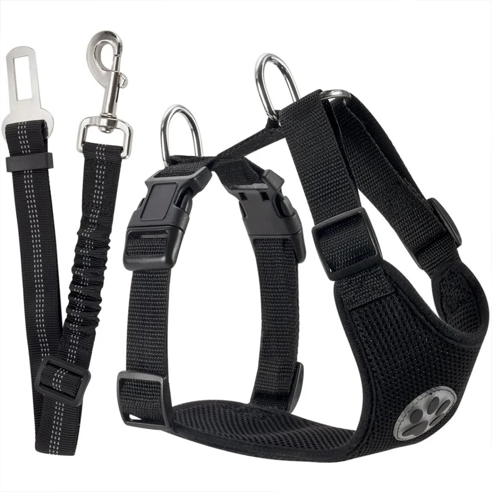 

Dog Car Harness Seatbelt Set, Dog Vest Harness Adjustable with Breathable Mesh & Vehicle Safety Seat Belt Tether with Elastic