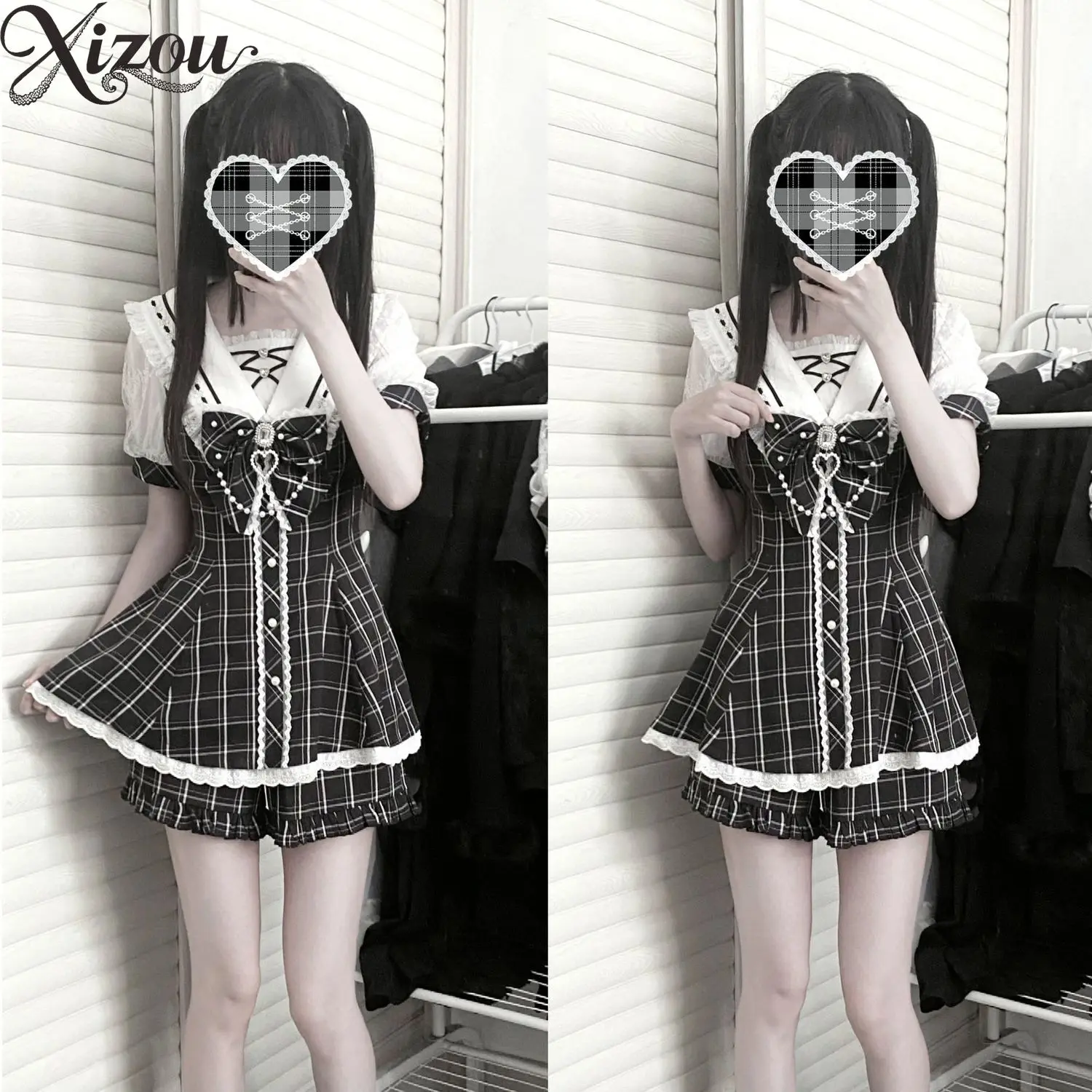 Japanese Sweet Lolita 2‑Piece Set Sailor Collar Short Sleeve Dress Built‑in Shorts Big Rhinestone Bow Lace Trim Summer Outfit