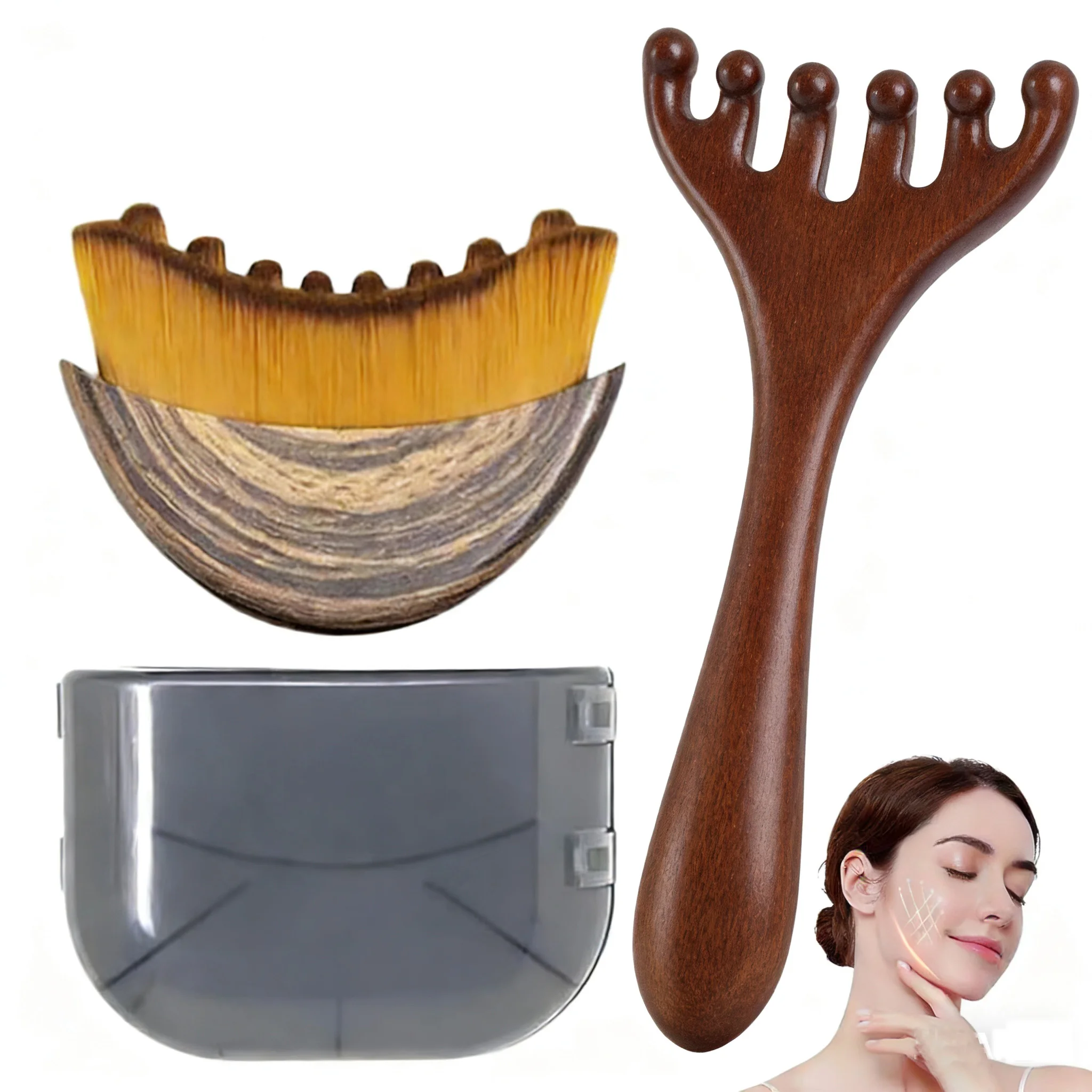6-Claw Lymphatic Contour Face Brush Wooden Meridian Massage Comb Anti-static Jawline Sculpting Drainage Massager for Face & Head