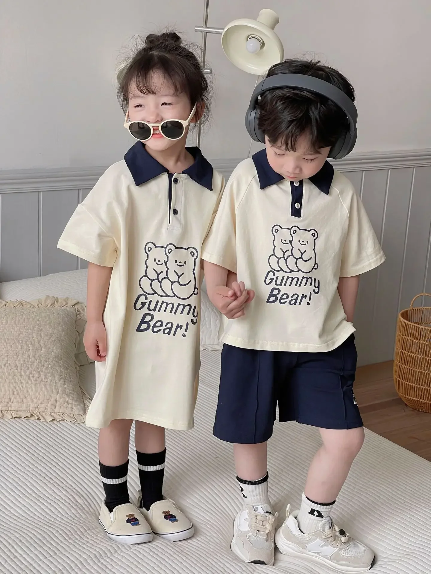 Korean Summer Children Siblings Attire Cartoon Bear Letter Printed Baby Girl Dress Cotton Polo Shirt Dog Shorts Kids Boy Outfits