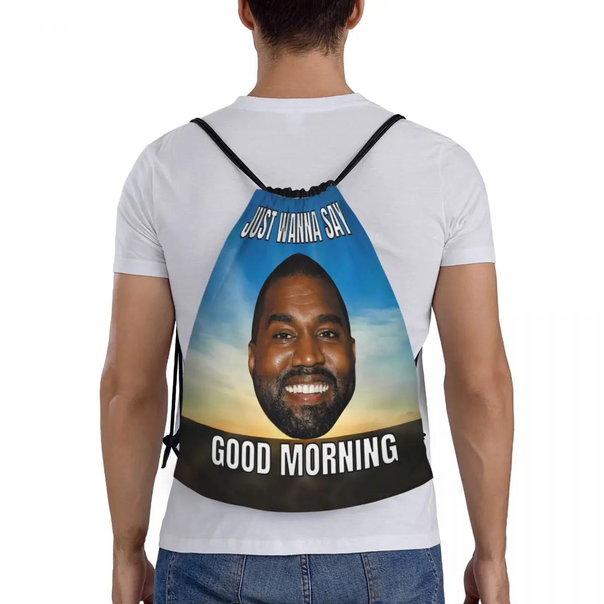 Custom Kanye West Good Morning Meme Drawstring Backpack Bags Men Women Lightweight Funny Gym Sports Sackpack Sacks for Yoga