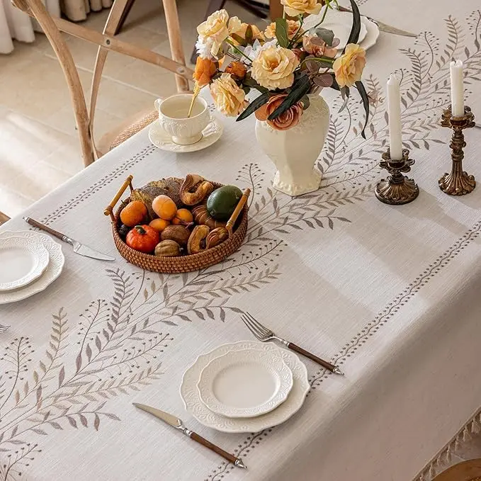 Embroidered Floral Pattern Tablecloth Cotton Linen Rectangle Table Cover Dust Proof for Dining Tea Table Tabletop Decoration