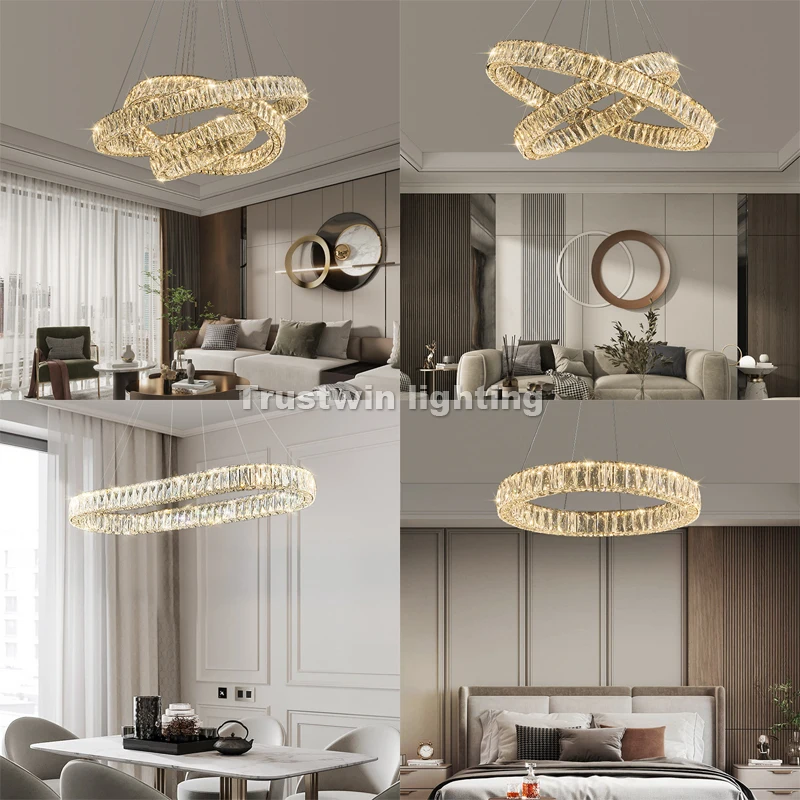 Round Crystal Chandelier Light LED Indoor Modern 40 60 80 100CM Circular Ring Hanging Lamp for Living Dinning Room Bedroom