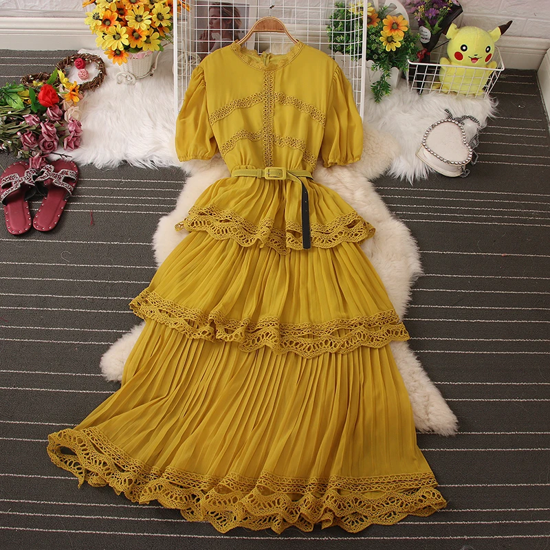 

Elegant Dress for Women Vintage Lace Cascading Ruffle Maxi Vestido Puff Sleeve O-Neck Female Chiffon Big Skirt Robe 2022 New