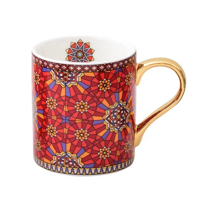 Moroccan Style Coffee Mug with Gold Handle Vintage Texture Ceramic Tea Cup Breakfast milk Cup for Couple Wedding Gift 300ml