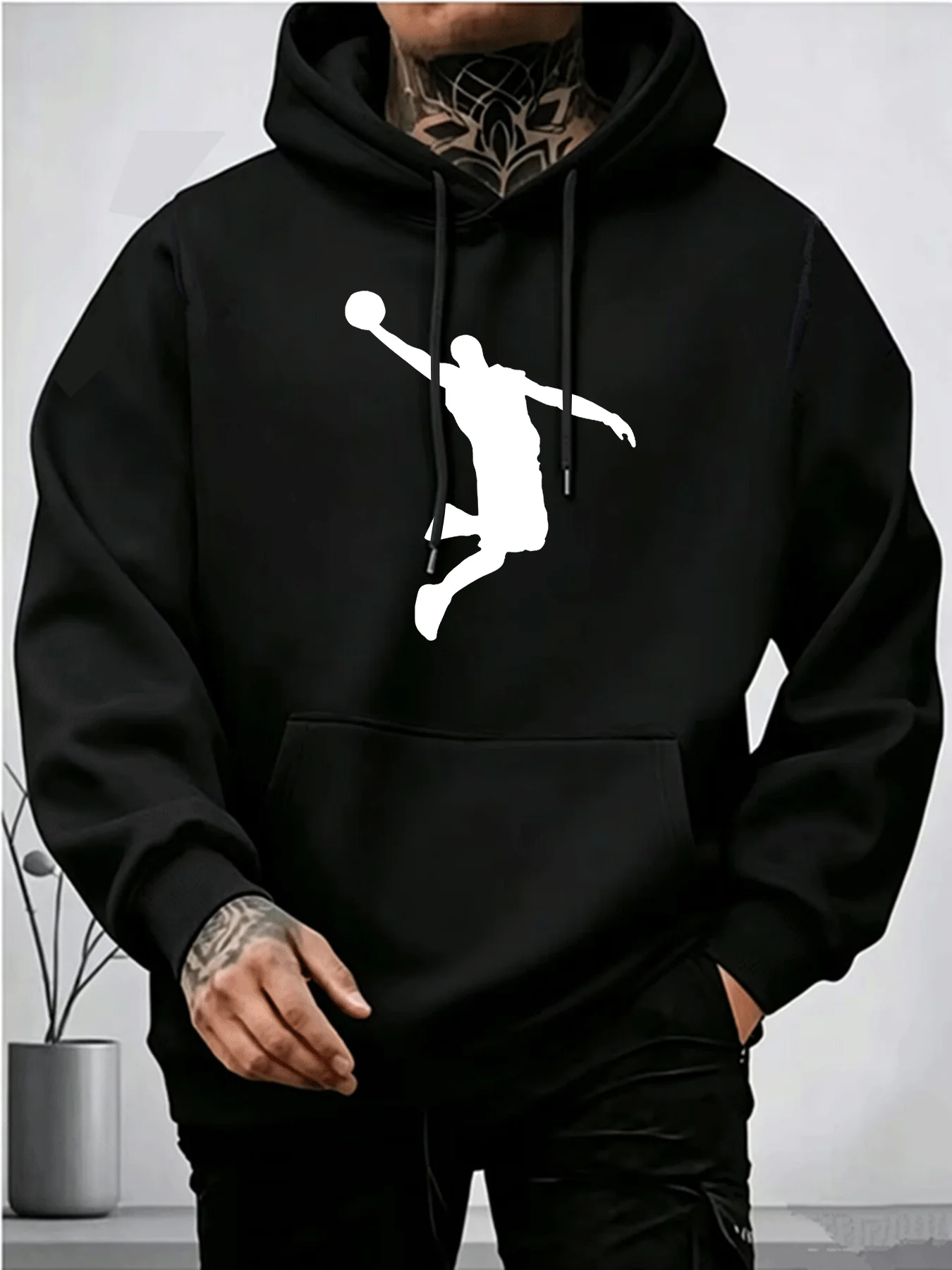 Men Basketball Dunk Silhouette Hoodie, Sport Graphic Pullover Hooded Sweatshirt Unisex Casual Streetwear