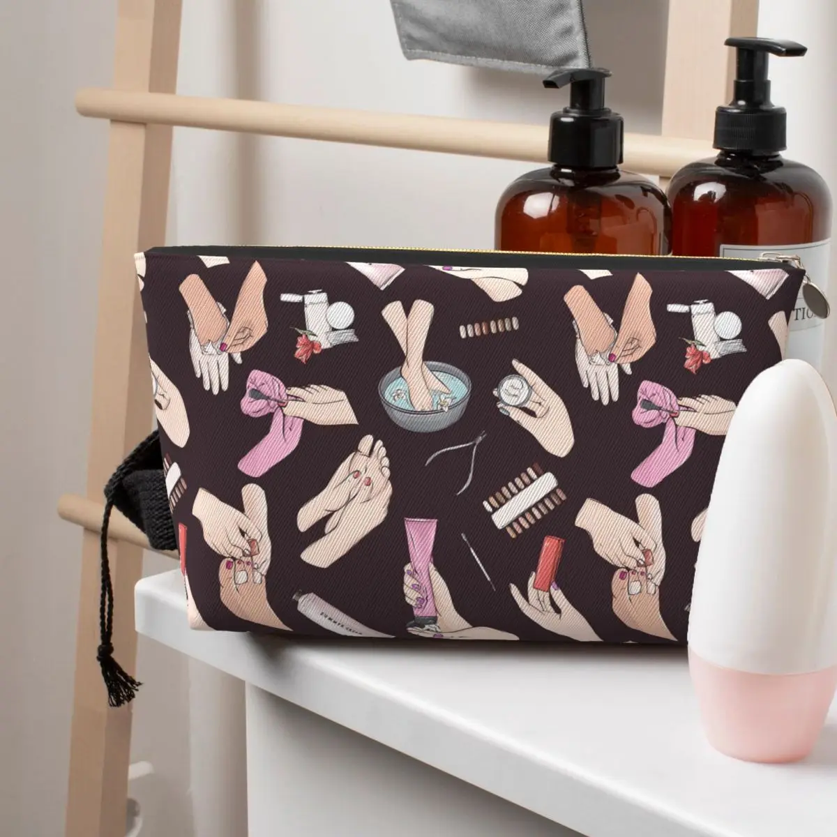 

Pedicure Beauty Salon Dark Pattern Women Cosmetic Bag Travel Makeup Organizer Pouch Toiletry Storage Dopp Kit Case