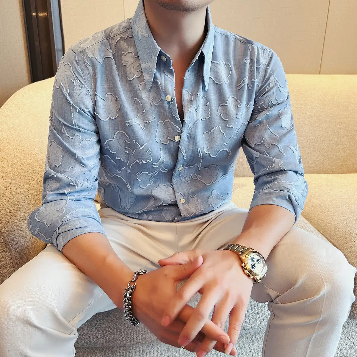 

Мужская модная приталенная рубашка с длинным рукавом: трендовая приталенная рубашка с цветочным узором для мужчин, светло-голубой принт, немнущаяся, азиатские размеры