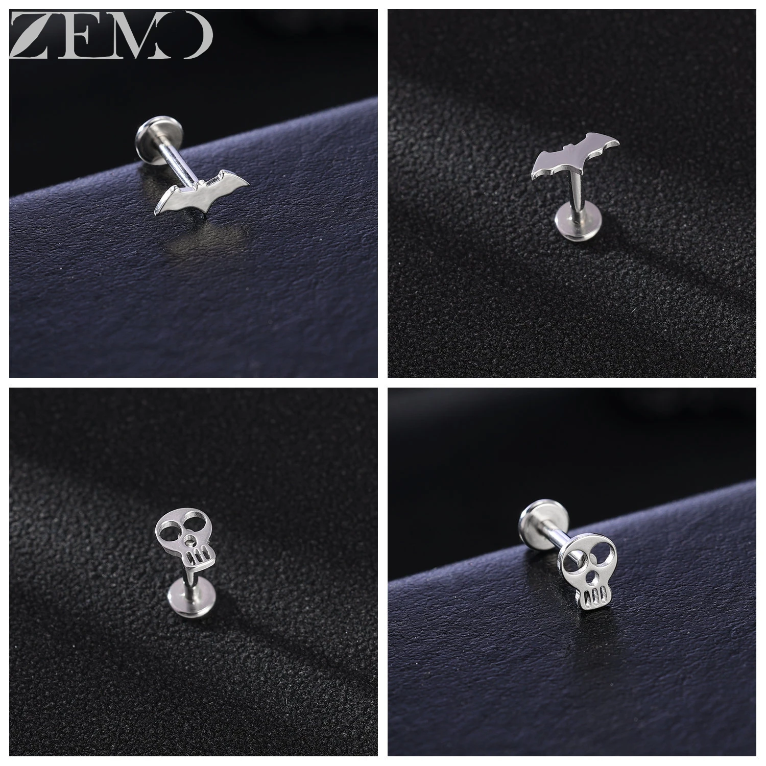 ZEMO 1 PC 16G Stainless Steel Lip Studs Unisex CZ Crystal Labret Lip Piercing Bat Skull Ear Helix Conch Lobe Piercings 6/8/10MM