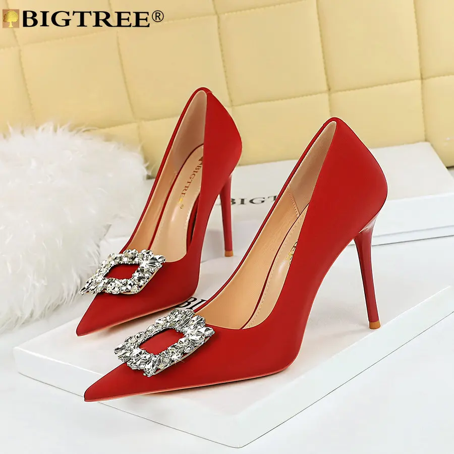 

BIGTREE Shoes For Women New Fashion Sexy Pumps Rhinestone Pointed Toe Silk 10CM Thin Heels Fashion Dress Women Shoes Black