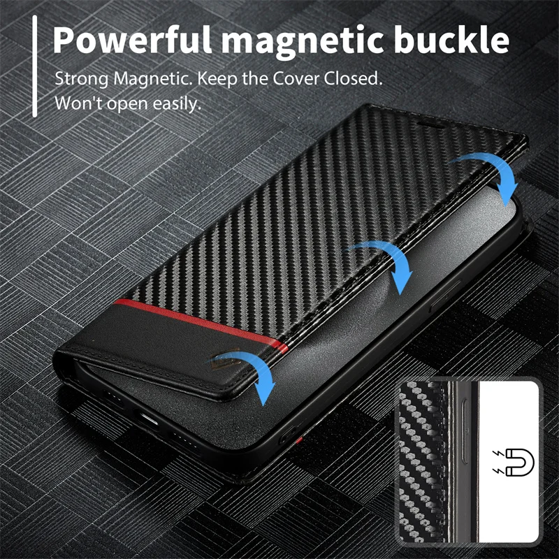 Luxury Fashion Carbon Fiber Leather Wallet Phone Case For iPhone 16 15 14 13 12 11 XS Pro Max XR Magnetic Flip Book Holder Cover