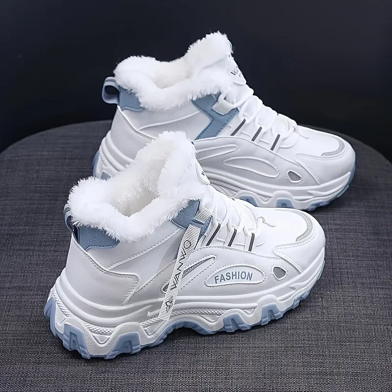 Women Casual Plush Sneakers Color-block Thick Sole Chunky Sneakers Warm Plush Lined Anti-slip Running Shoes Lace Up Fur Tennis