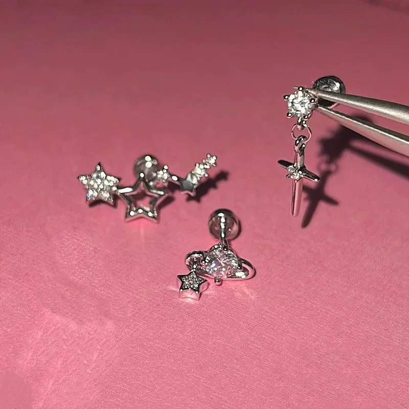 Shining Meteor Earbone Nails Medical Stainless Steel Cross Zircon Cochlear Nails Planet Pendant Niche High-end Earrings