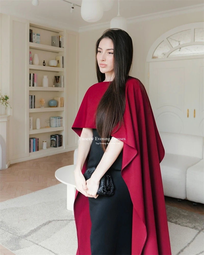 Fnoexw Elegant Mermaid Evening Dresses Long Cape Sleeves O-Neck Satin Saudi Arabia Burgundy and Black Robes De Soirée Prom Dress