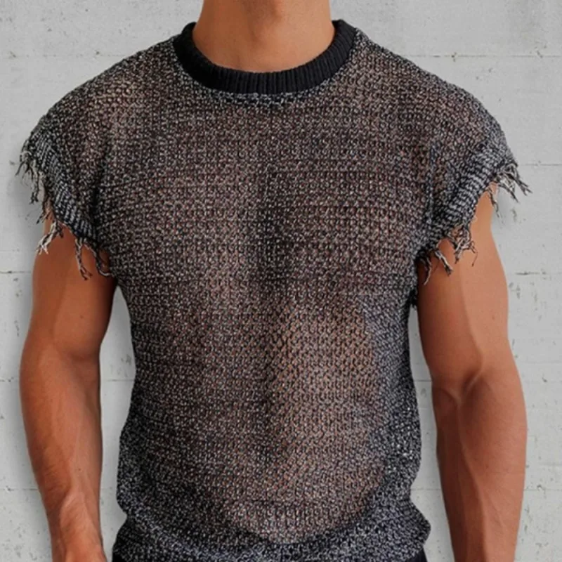 

European American Men Sleeveless T-shirt Perspective Hollowed Casual Sexy Tassel Mesh Transparent Men Tank Top Round Neck Top