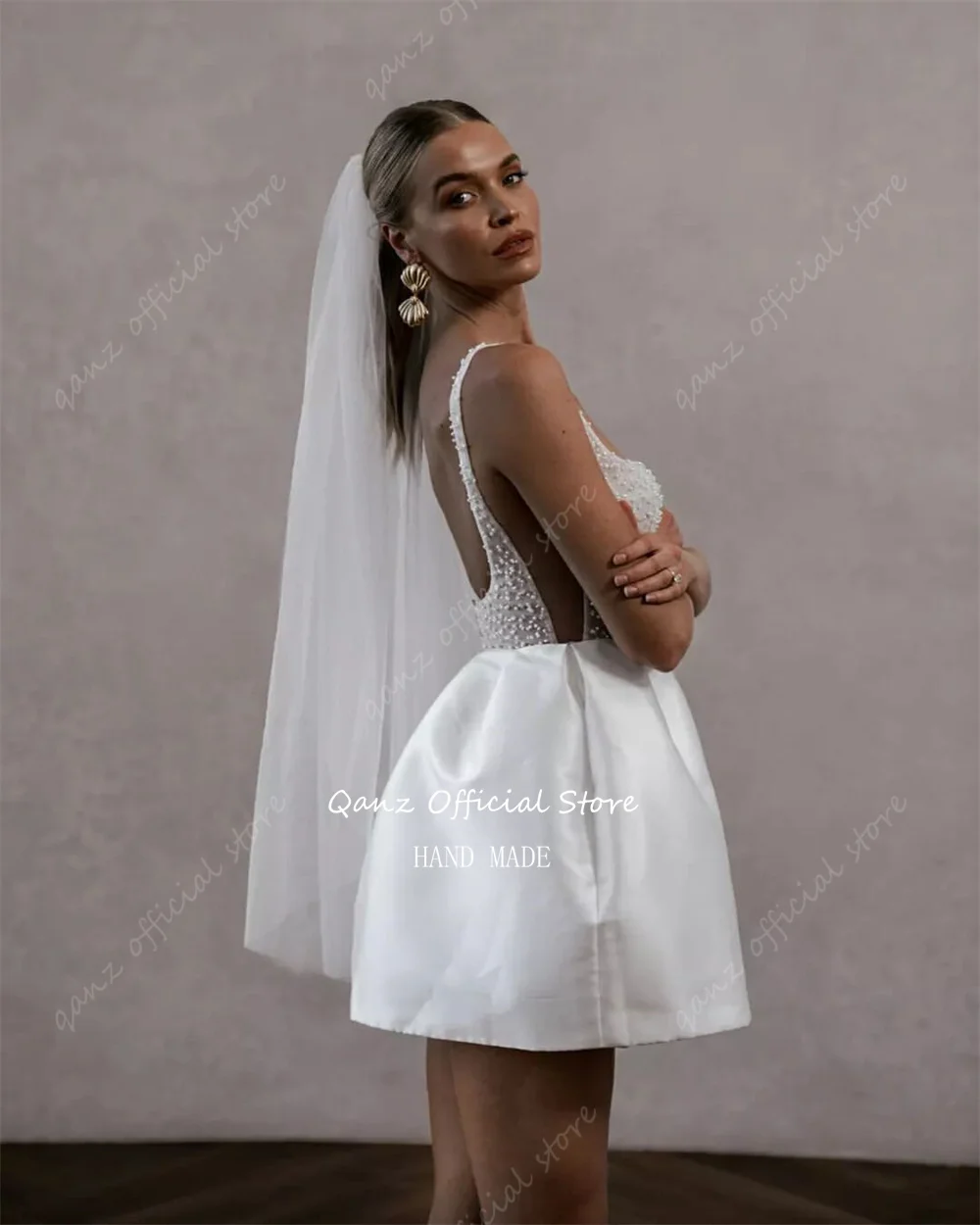 Qanz-vestido De novia corto De satén con perlas, tirantes finos por encima De la rodilla, vestidos De novia, vestido De fiesta con cola De cocina personalizado