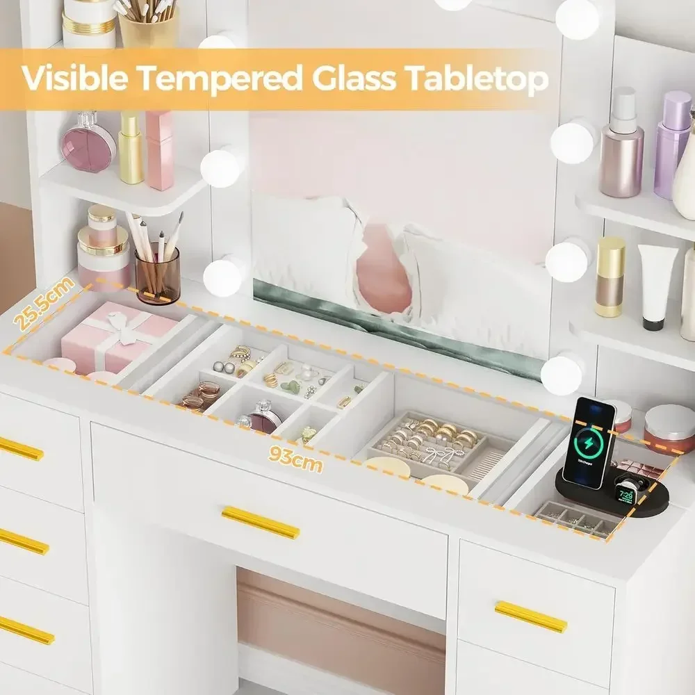 White Vanity Desk with Glass Top, Mirror, Lights, Power Outlet, and Storage Shelves for Makeup or Dressing Area