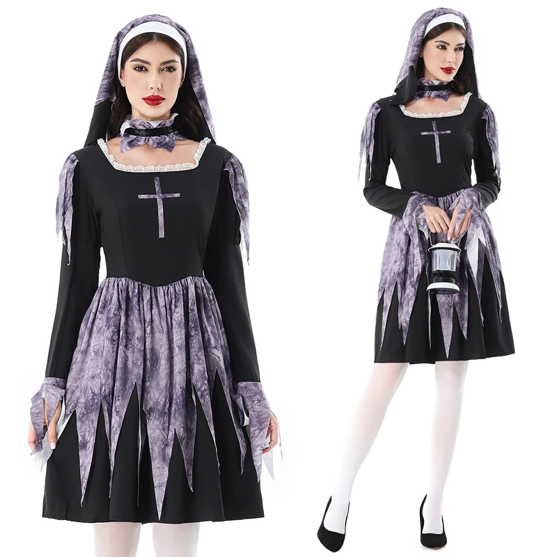 هالوين الكبار حلي تأثيري مثير الصليب فستان راهبة زي راهبة كرنفال حلي